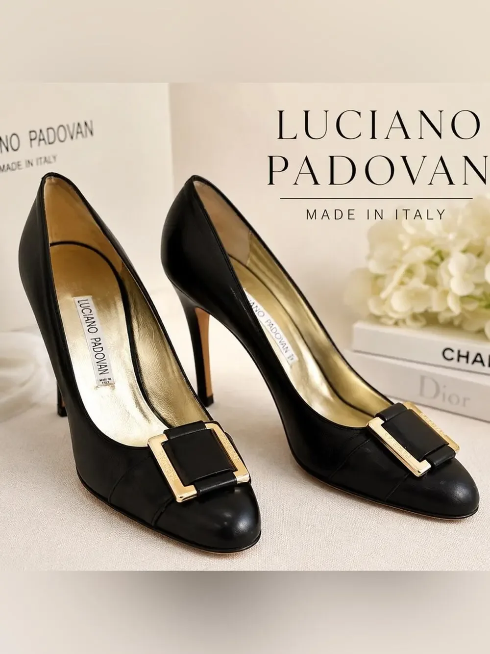 Luciano Padovan Black Leather Buckle Pumps Made in Italy Size 8- 8.5 (38 1/2)